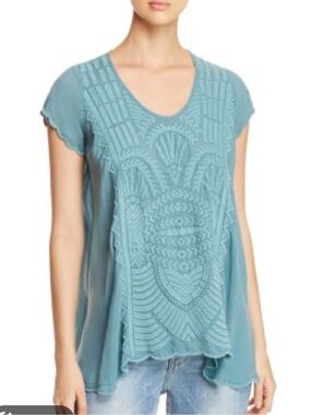 Johnny Was Lamonay Embroidered Top Small Teal Blue Flowy Rayon